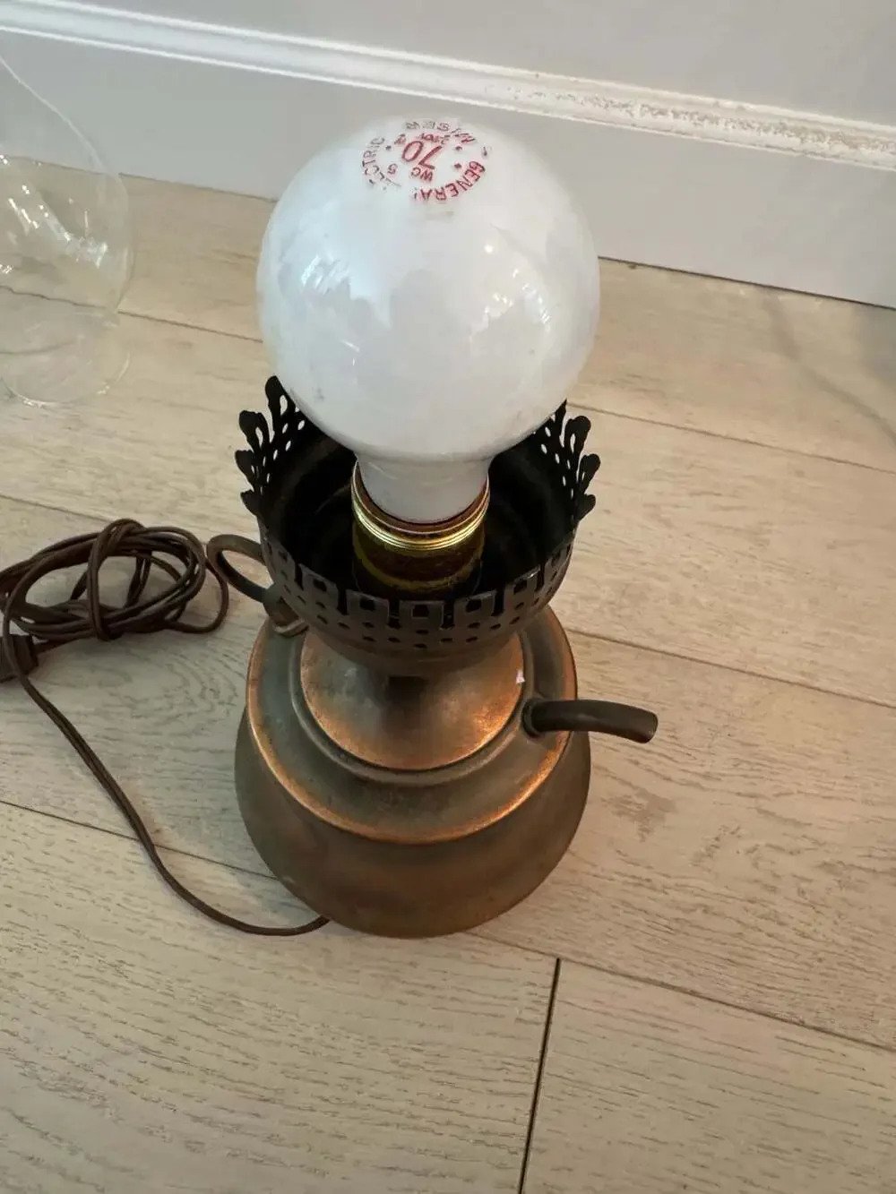 Vintage Copper Base Electric Oil Style Table Lamp with Glass Chimney